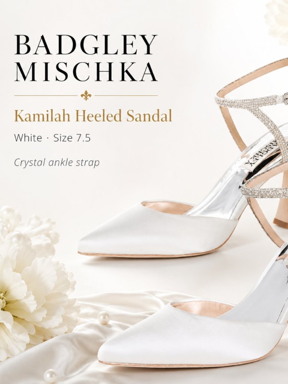 Badgley Mischka Kamilah White Satin Crystal Heels US 7.5
